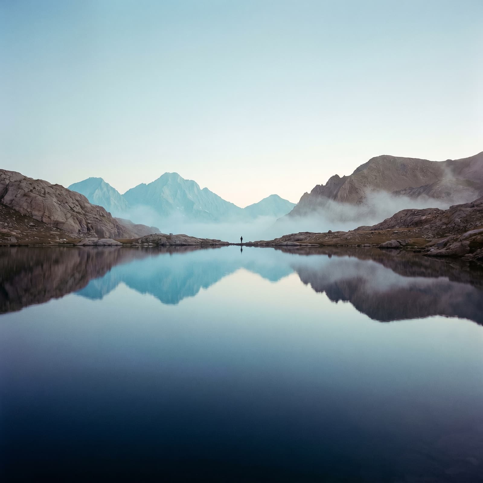 Mountain lake at dawn with a small figure on the shoreline