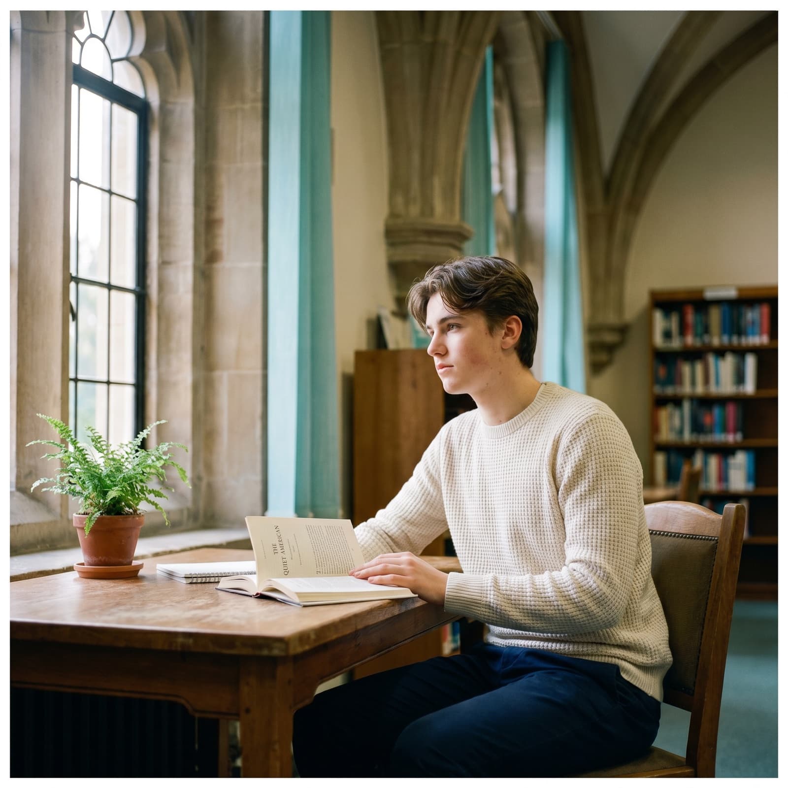 Student studying in a serene library by a tall arched window