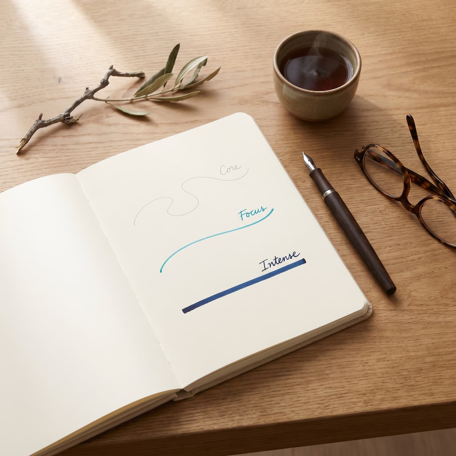 Open notebook with Core, Focus and Intense pathways sketched in ink