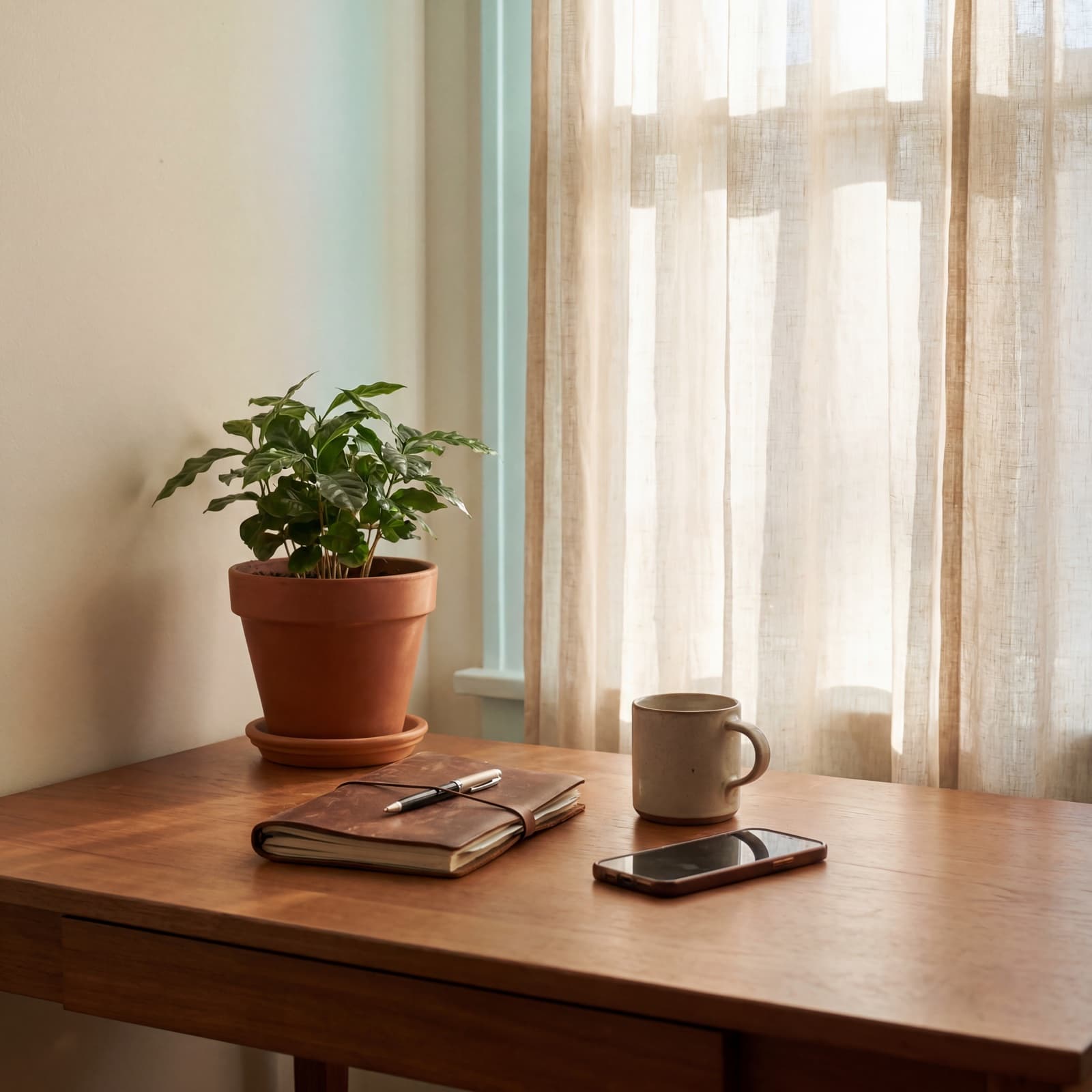 Wooden writing desk with notebook, mug and plant by a sunlit window