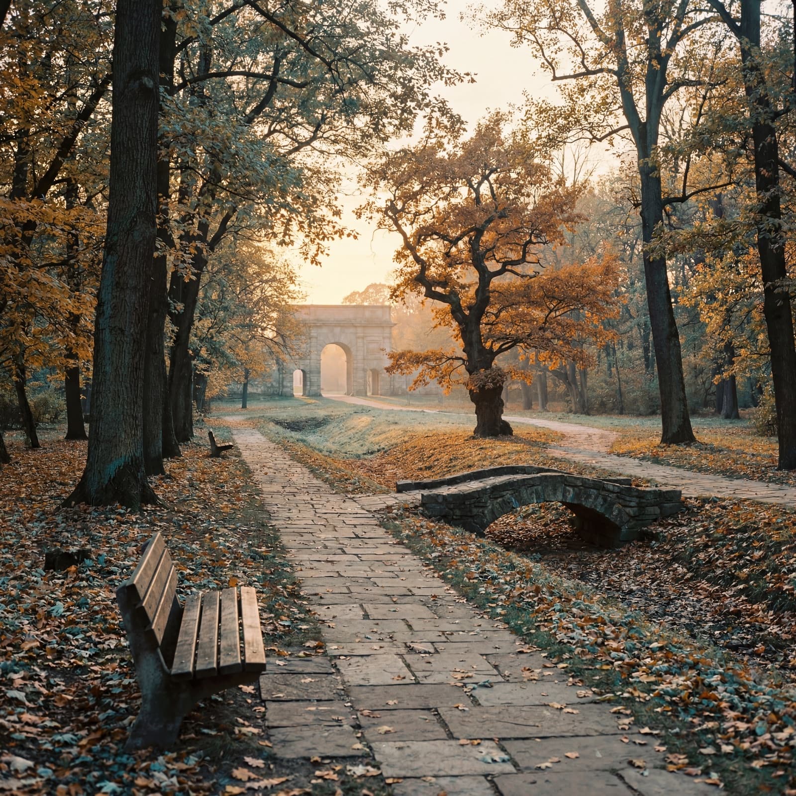 Stone path through an autumn park leading to an arched gate